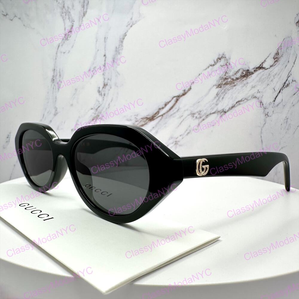 New GUCCI Sunglasses Black Oval Acetate Gold Metal Interlocking GG Logo Womens